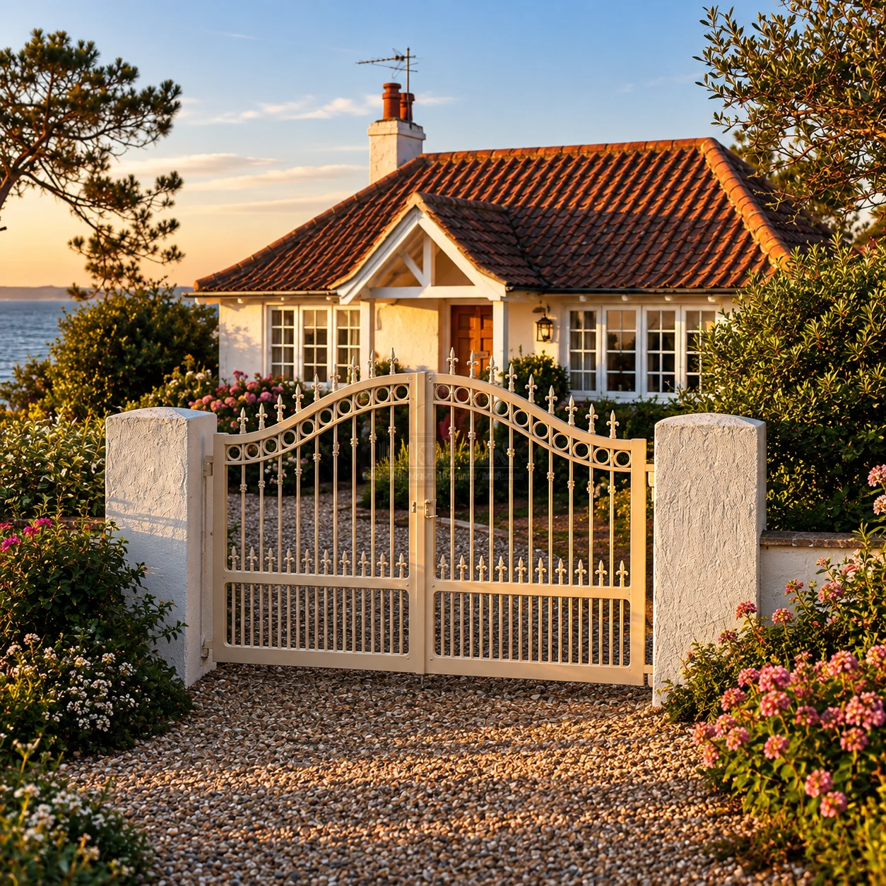 Home 71 Cream arched aluminium driveway gates with circular detailing and decorative finials between white pillars.