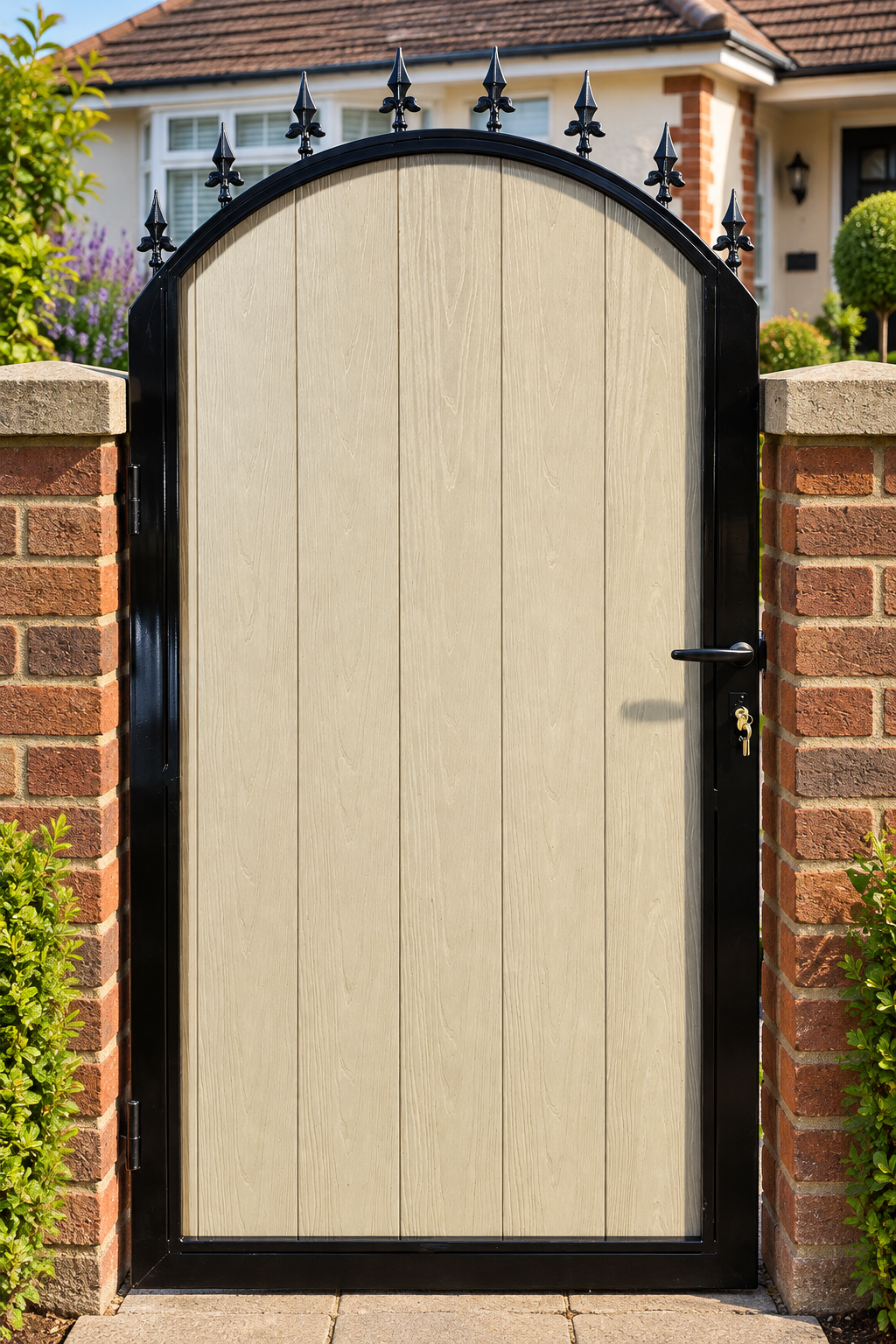 Cream wood-effect pedestrian gate with an arched black frame and spear finials between brick pillars.