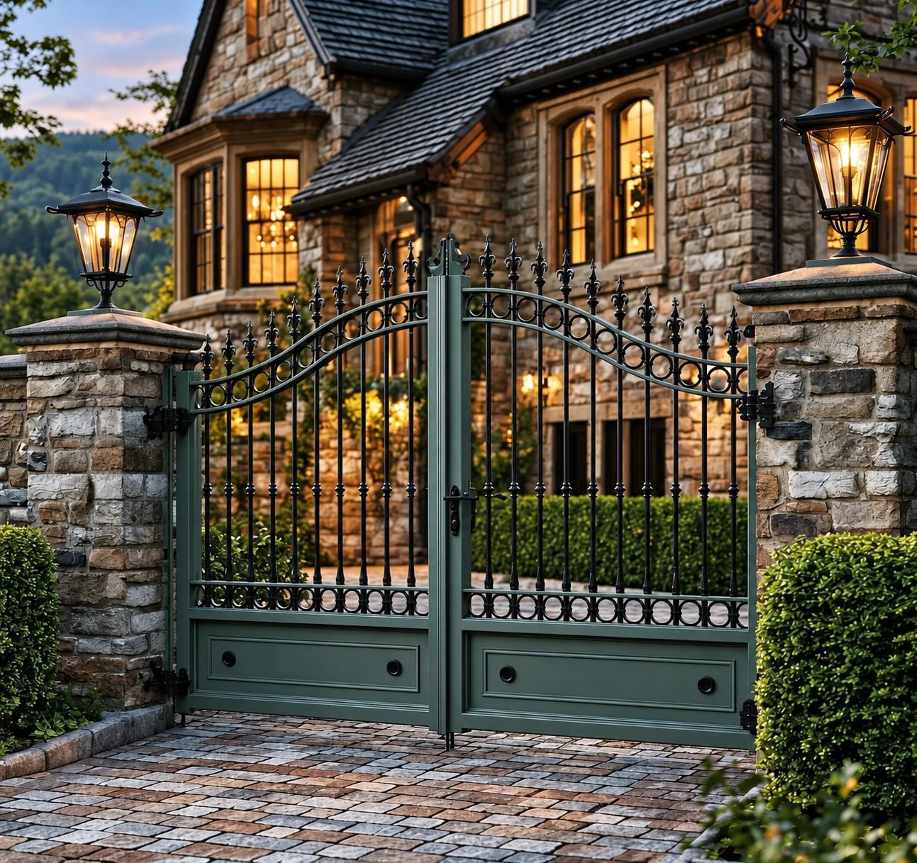 Home 57 Dark green arched aluminium driveway gates with decorative finials between stone pillars.