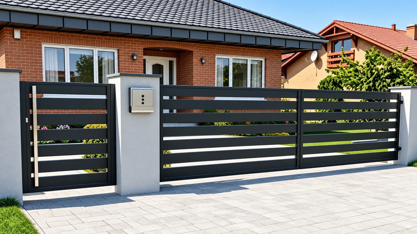 Home 62 Dark grey horizontal slat aluminium driveway gates with a matching pedestrian gate between white pillars.