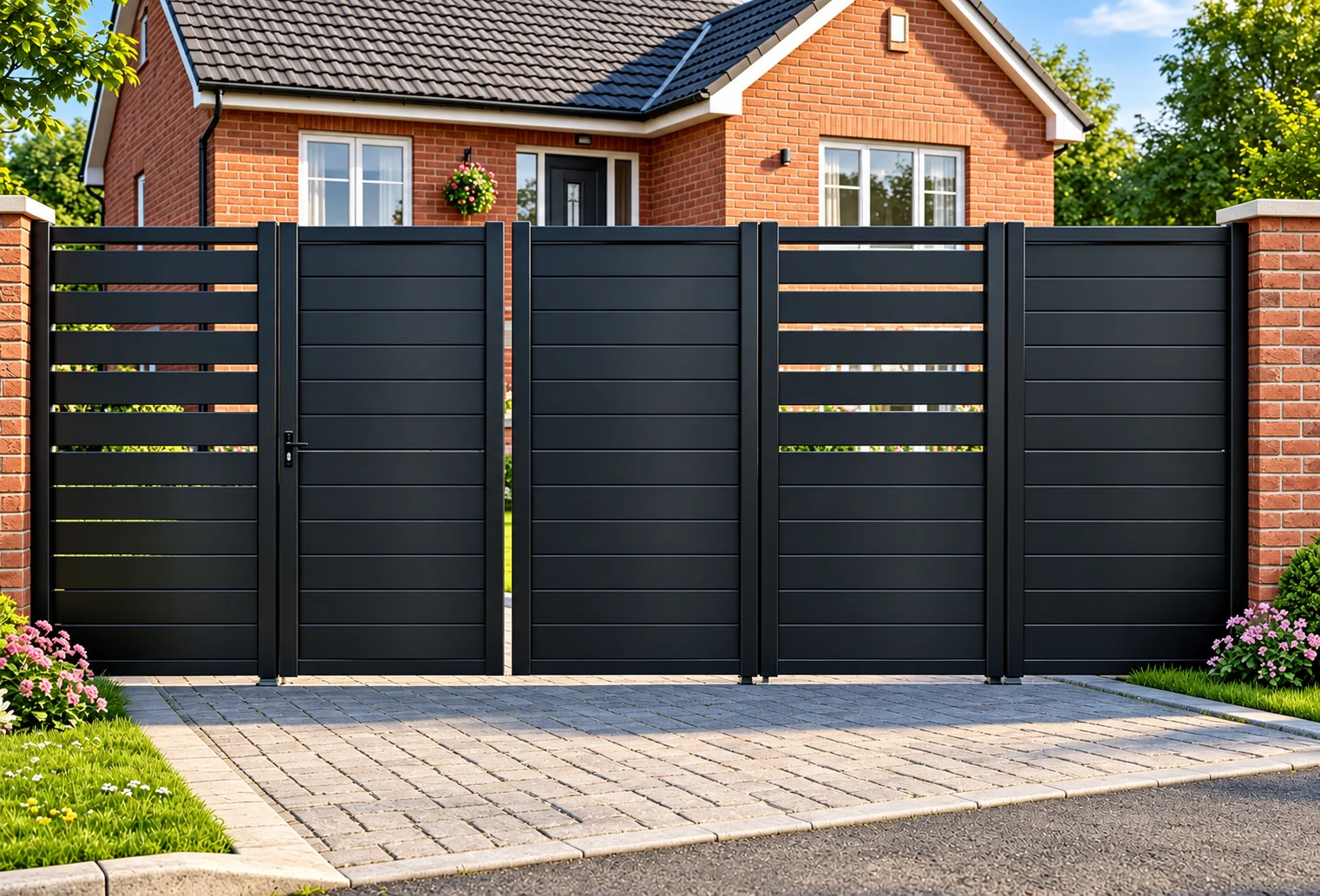 Home 59 Dark grey aluminium gates with solid horizontal panels and matching slatted sections between brick pillars.