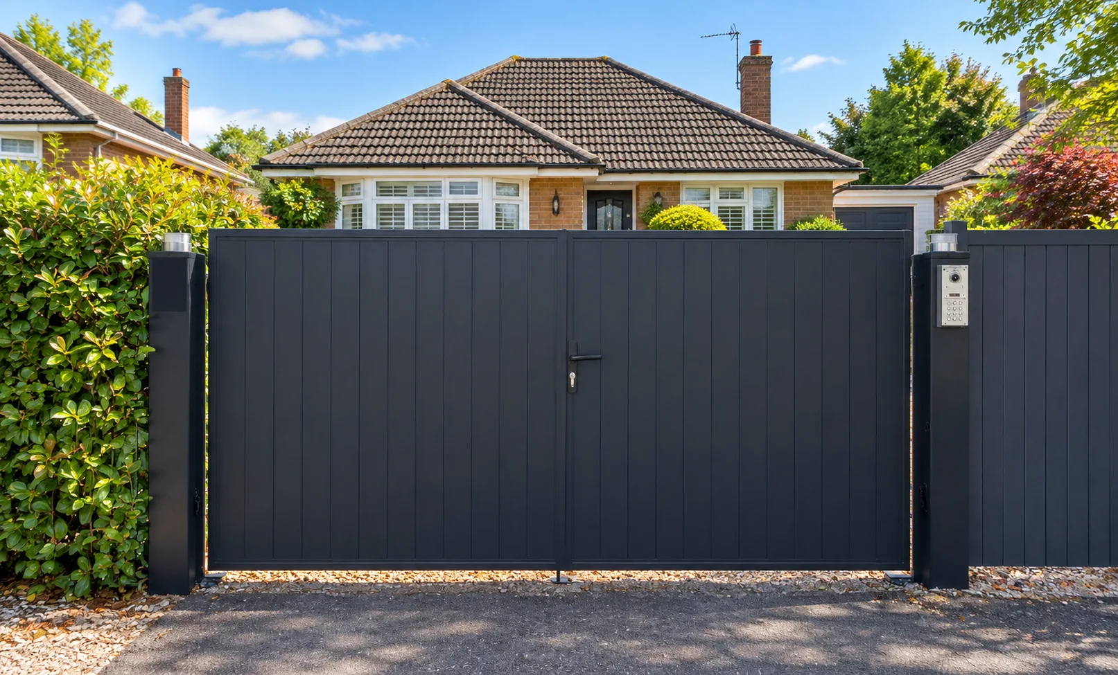 Home 64 Dark grey aluminium double driveway gates with vertical panels and matching fencing.
