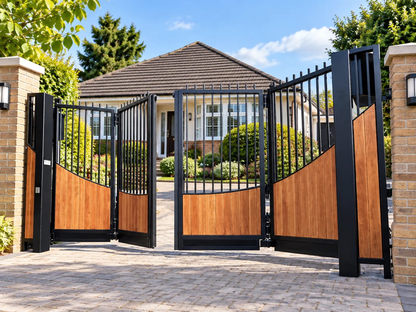 Home 97 Partly open folding gates with black vertical bars and brown lower panels between brick pillars.