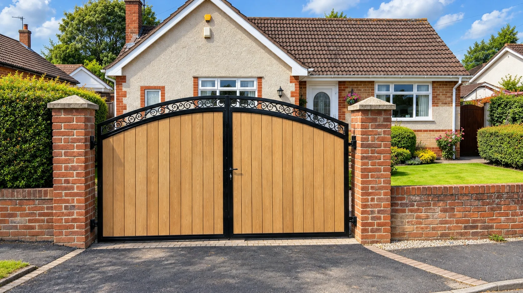 Home 45 Golden wood-effect arched driveway gates with black scrollwork between brick pillars.