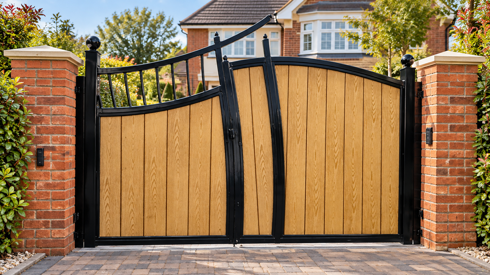 Golden wood-effect driveway gate with angled black-framed panels between brick pillars.