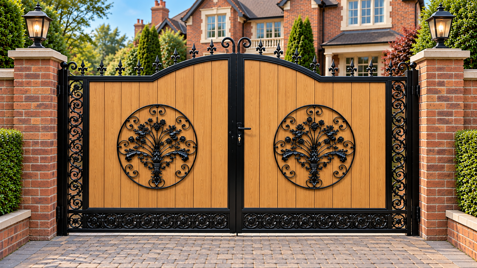 Golden wood-effect driveway gates with black floral medallions and decorative finials between brick pillars.