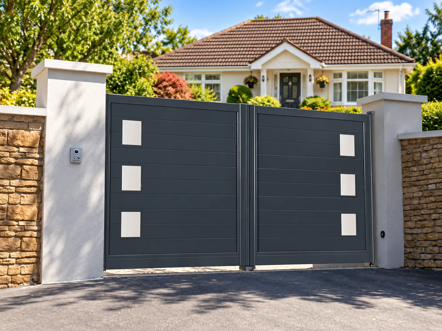 Home 63 Grey aluminium driveway gates with horizontal panels and contrasting square inserts between white pillars.