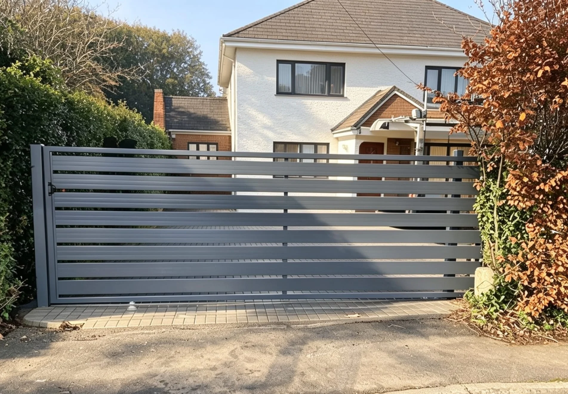 Home 107 Grey aluminium driveway gate with horizontal slats outside a house.
