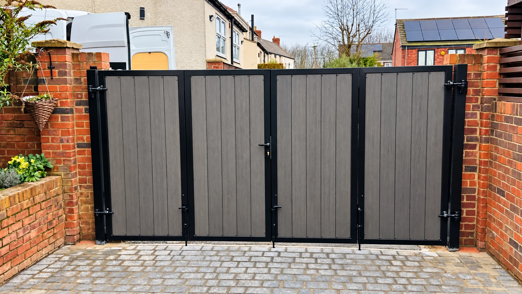 Home 37 Grey composite driveway gate with a black metal frame between brick pillars.