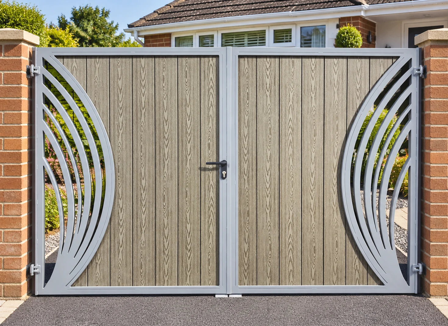 Home 102 Grey-framed double gates with vertical woodgrain panels and curved side bars between brick pillars.