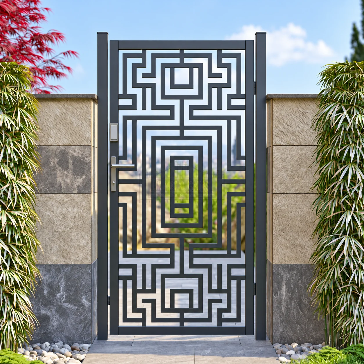 Home 68 Grey aluminium pedestrian gate with an open geometric pattern between stone-clad walls.