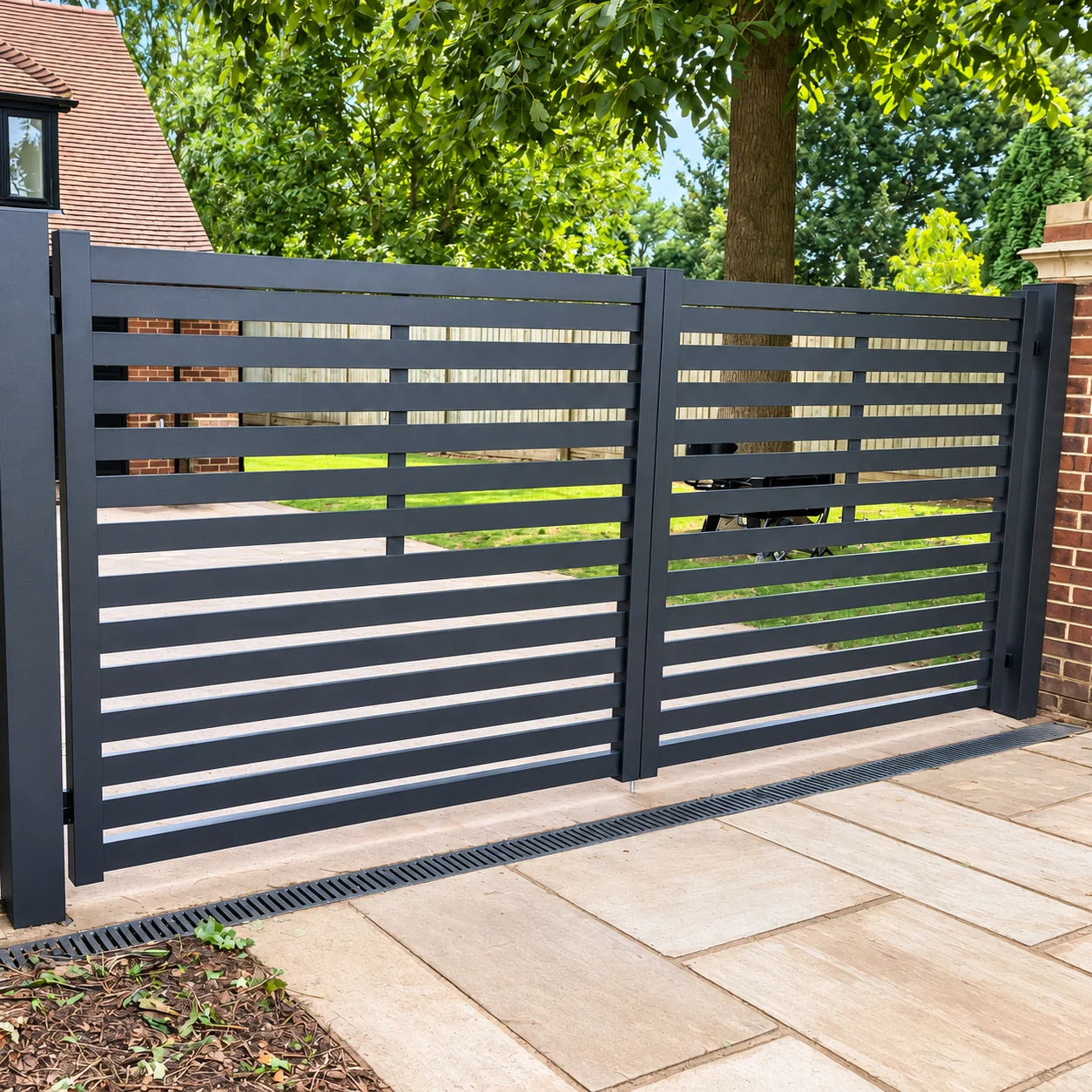 Home 67 Grey aluminium double driveway gates with open horizontal slats and straight tops.