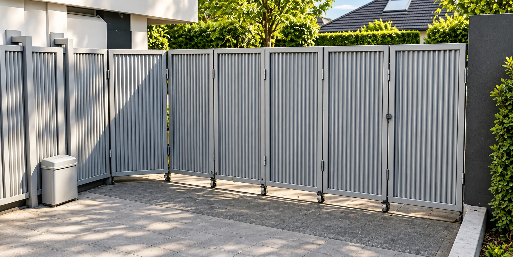 Home 103 Grey segmented gates with vertically ribbed panels and small wheels across a paved entrance.
