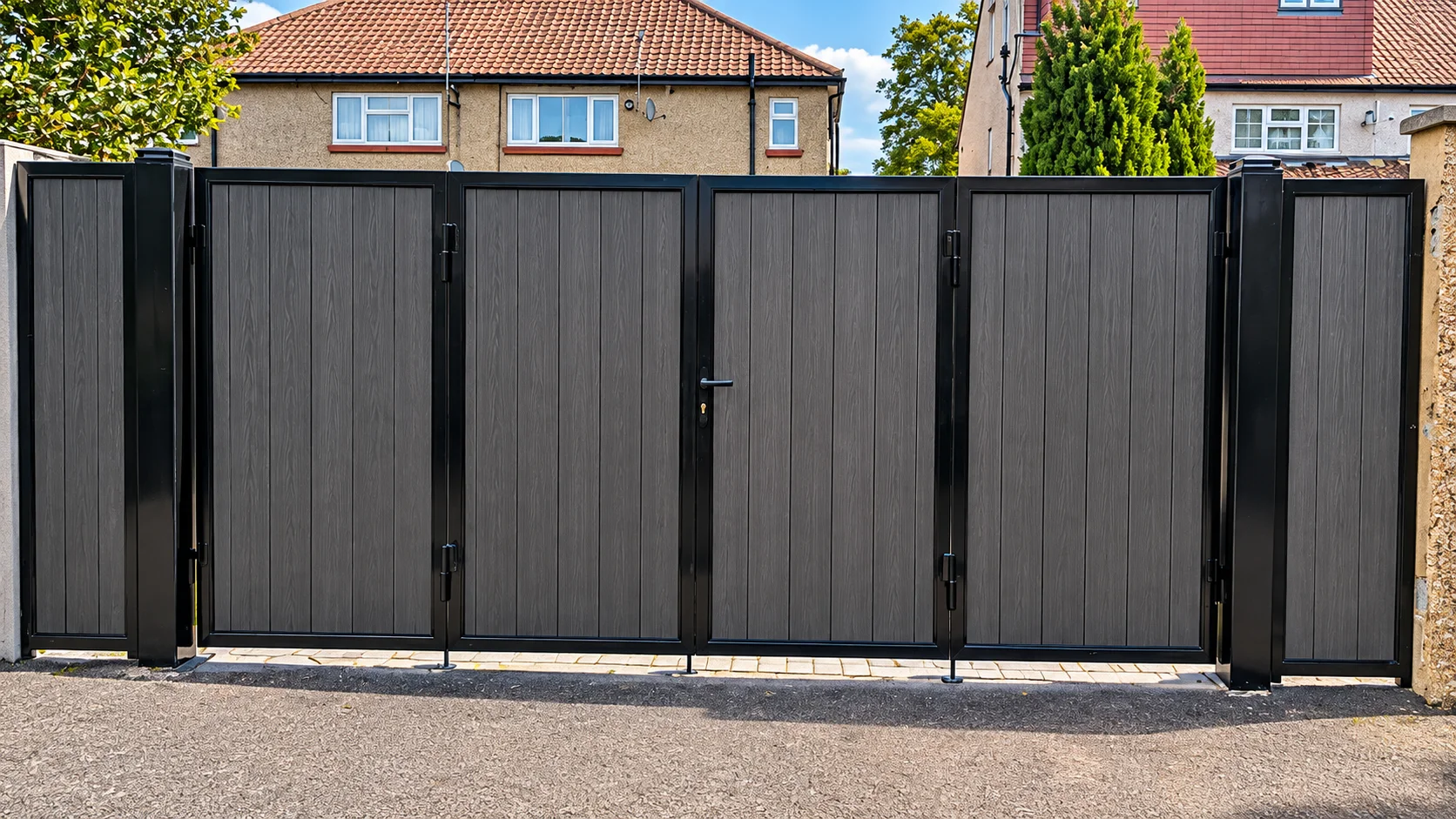 Home 51 Grey wood-effect multi-panel driveway gates with black frames and matching narrow side panels.