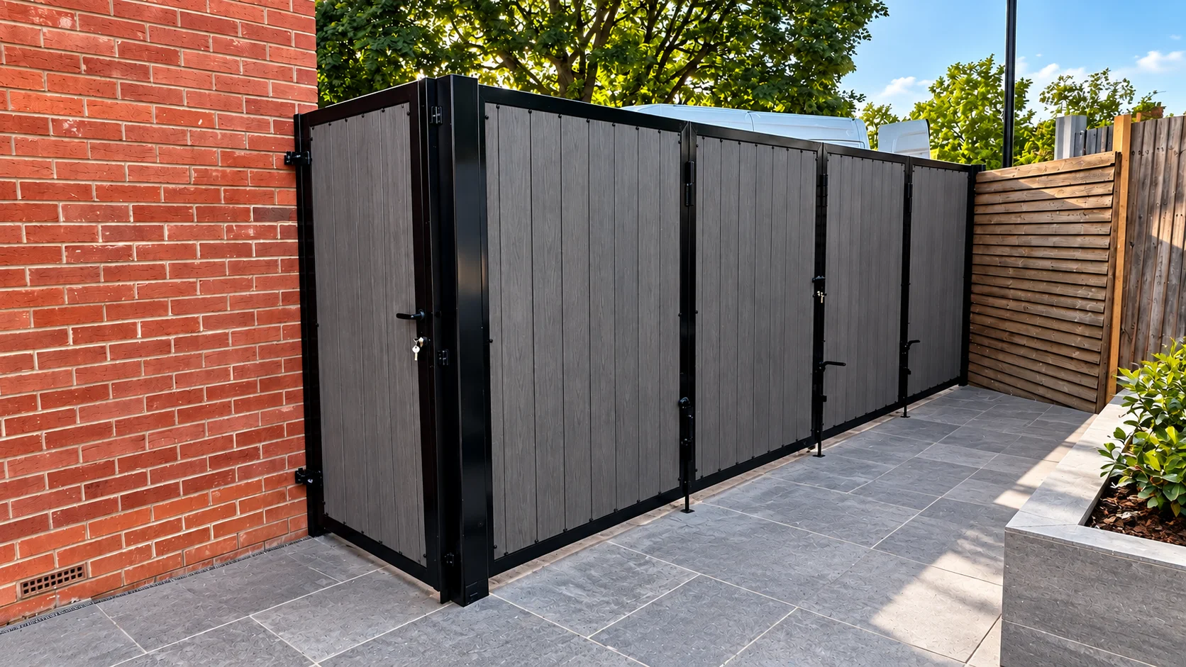 Home 43 Grey wood-effect panel gates with black metal frames beside a brick wall.