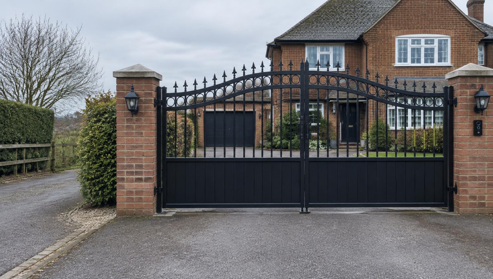 Home 1 Black metal double driveway gate between brick pillars