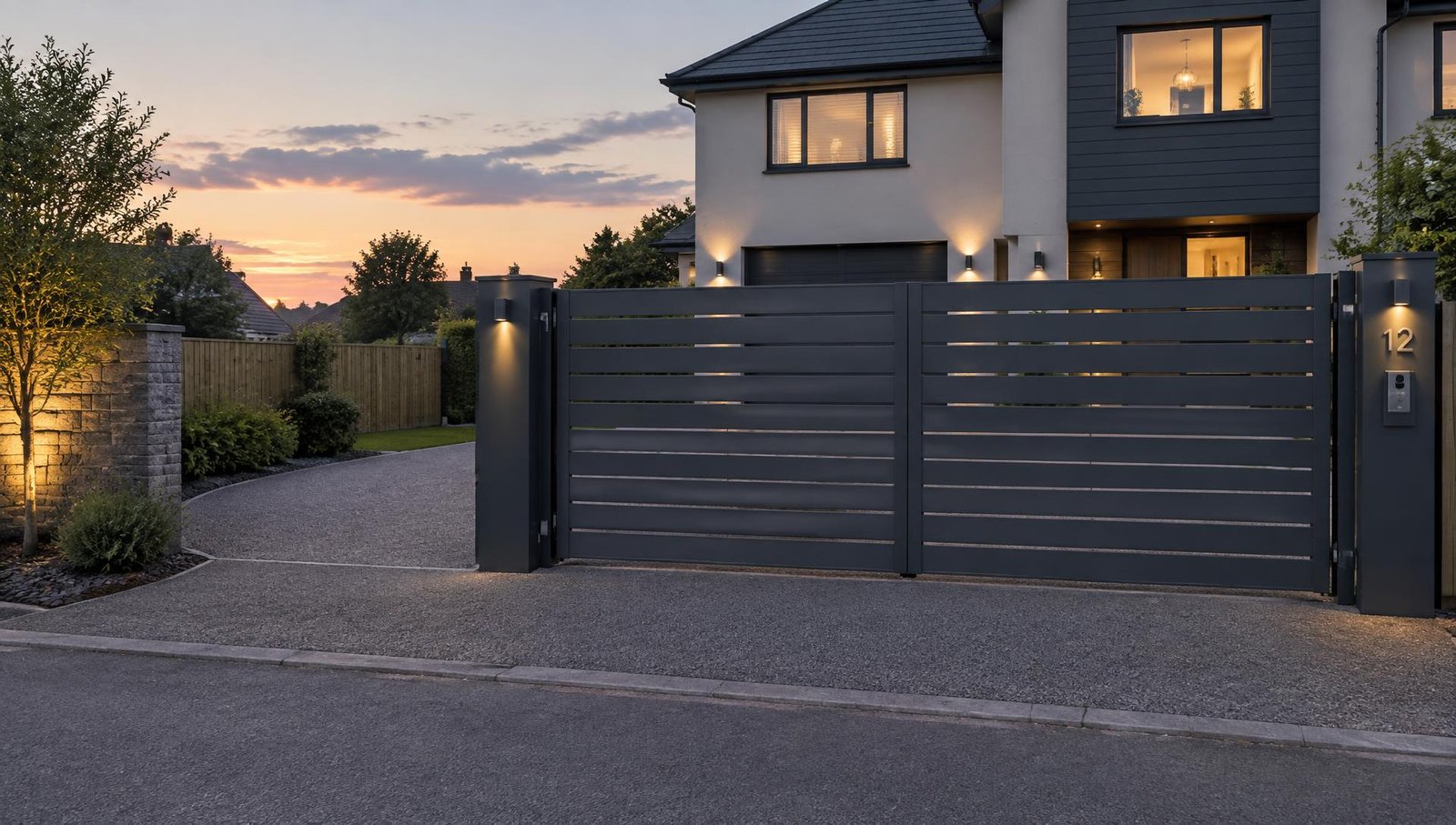 Grey horizontal slatted driveway gate at dusk