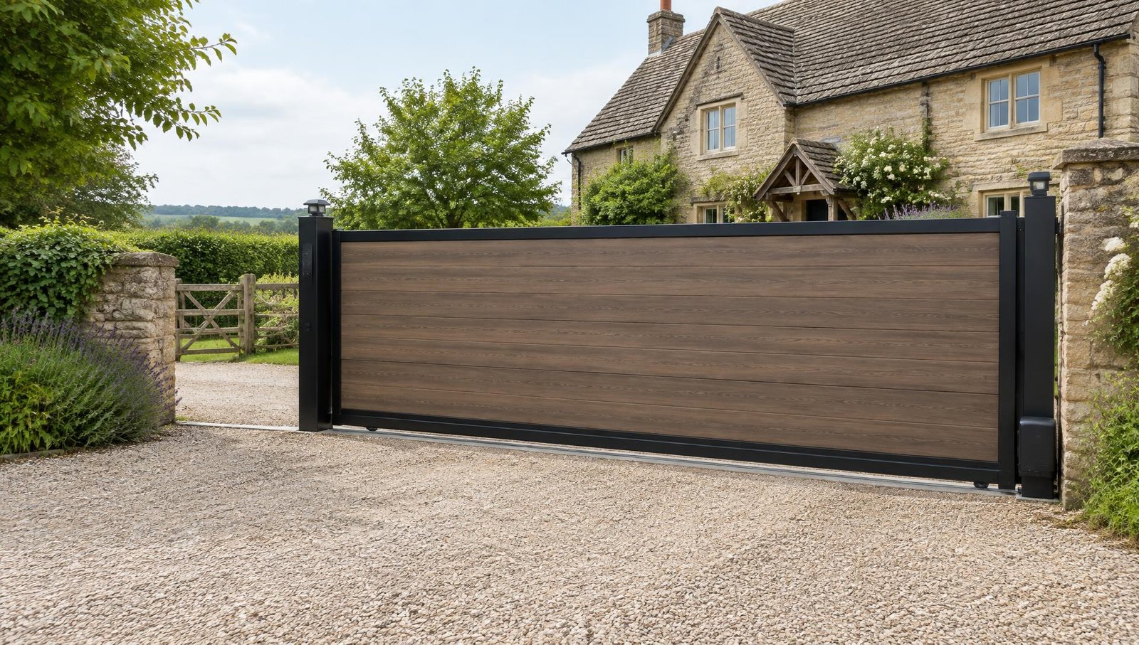 Wood-effect sliding gate across a gravel driveway