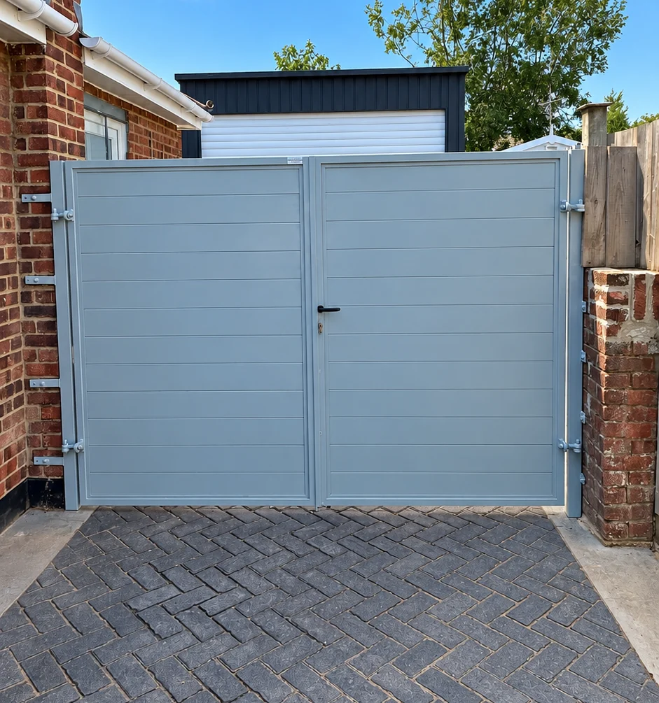 Home 73 Light grey aluminium double gates with solid horizontal panels between brick walls.