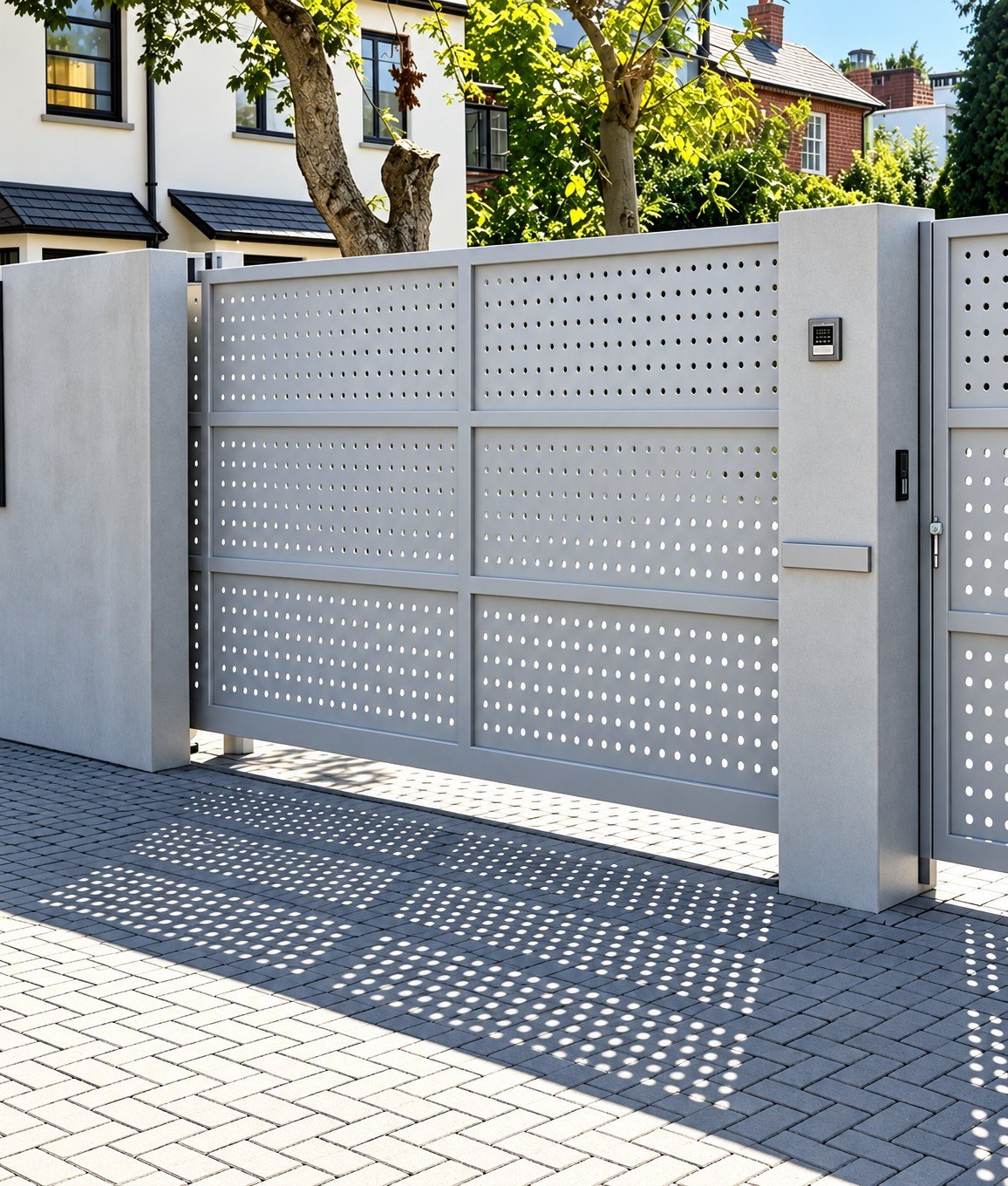 Home 23 Light grey metal driveway gate with rows of circular perforations between pale posts.