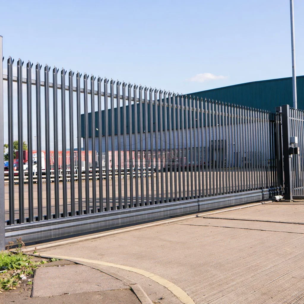 Home 84 Silver palisade sliding gate on a ground track in an industrial yard.