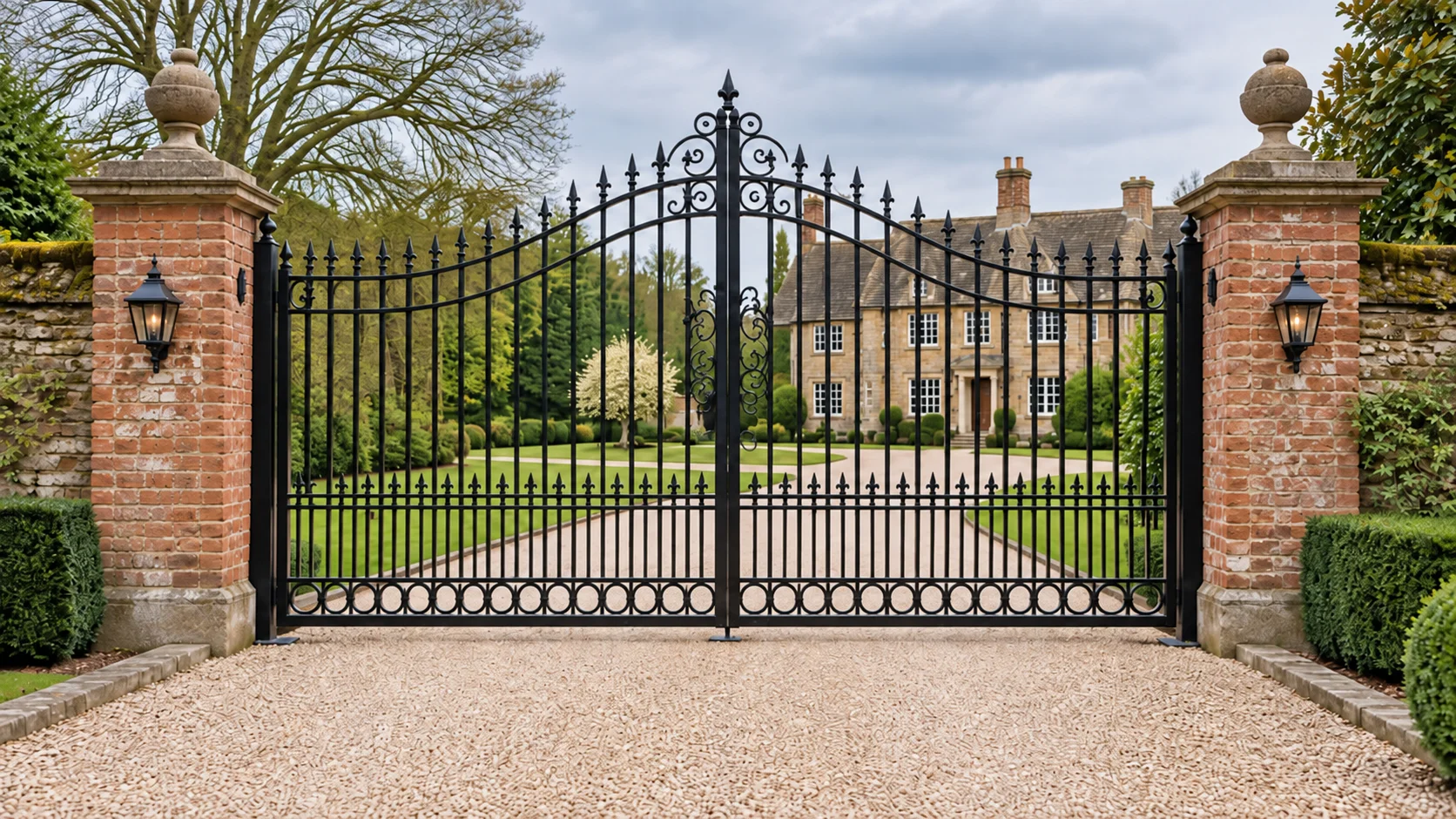 Home 101 Traditional black metal driveway gates between brick pillars.