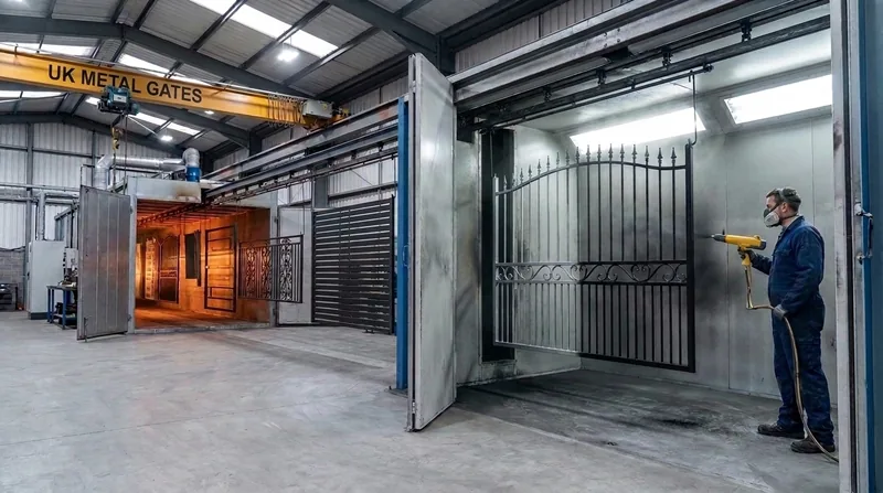 Home 12 Metal gate beside powder-coating equipment in the workshop