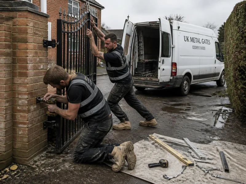Home 11 Installers fitting a metal gate between brick pillars