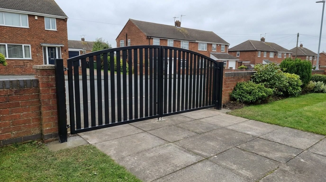 Classic Wide Vertical Bar Arched Wrought Iron Style Driveway Gates
