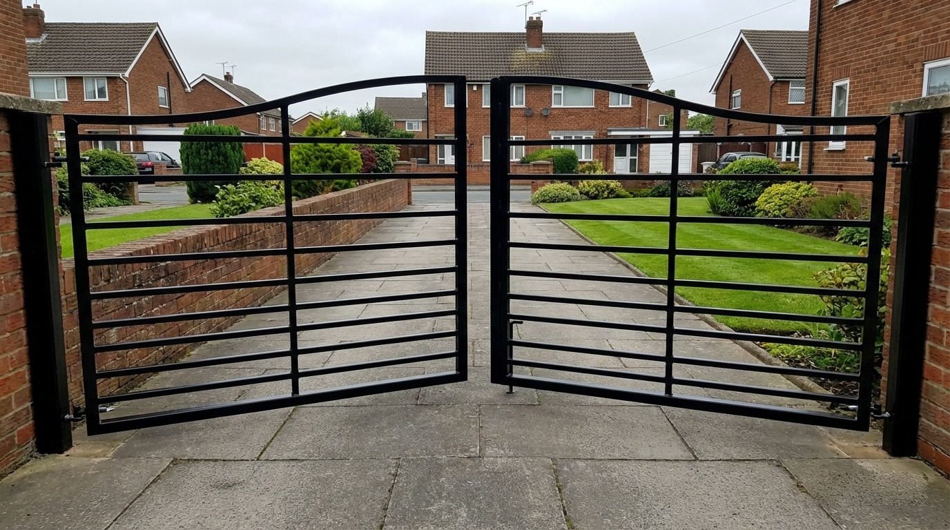 Classic Horizontal Bar Arched Wrought Iron Style Driveway Gates