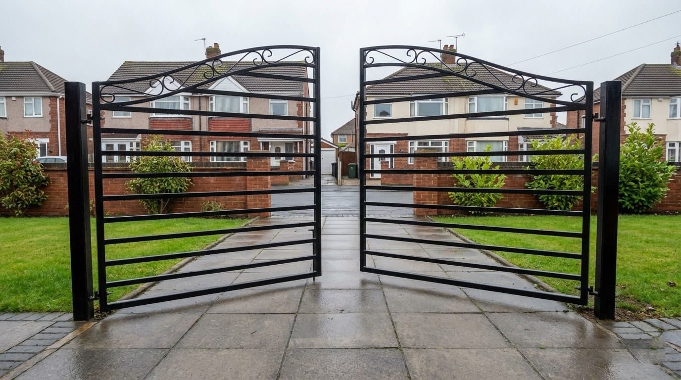 Scrollwork Top Horizontal Bar Wrought Iron Style Driveway Gates