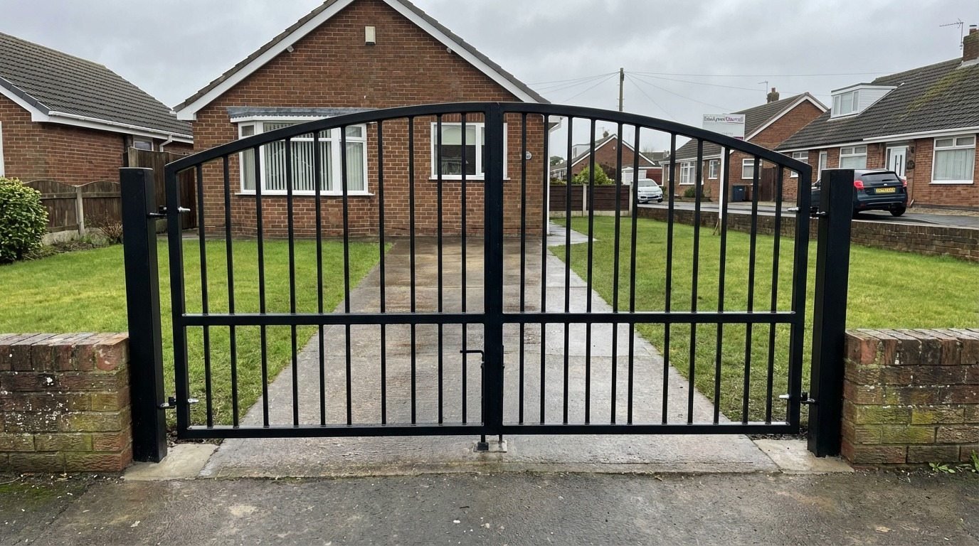 Slender Vertical Bar Arched Wrought Iron Style Driveway Gates