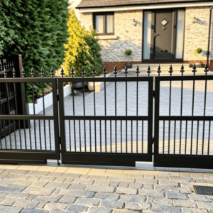 Made-to-measure black metal corner sliding gate with spear finials, made and installed in Chelmsford