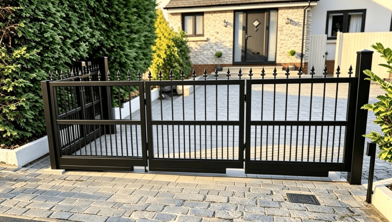 Made-to-Measure Black Metal Corner Sliding Gate with Spear Finials 1 Made-to-measure black metal corner sliding gate with spear finials, made and installed in Chelmsford