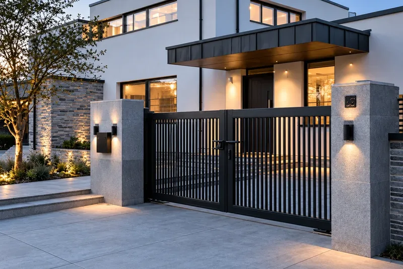 Black vertical-bar aluminium driveway gates between grey stone pillars at a modern house