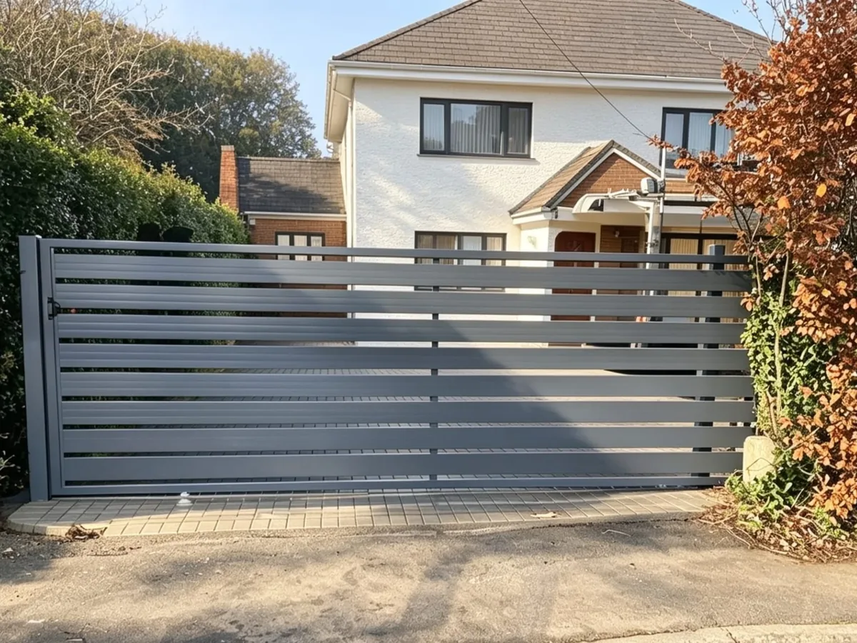 Grey aluminium horizontal-slat driveway gate outside a white house