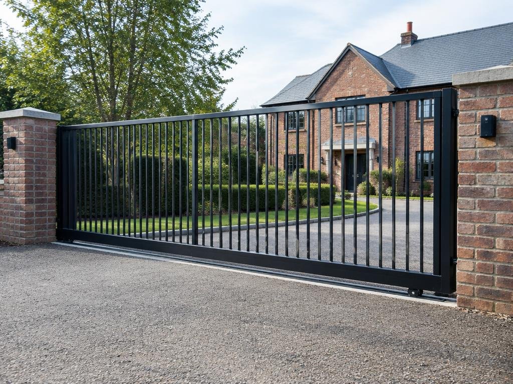 Black steel sliding gate across a driveway