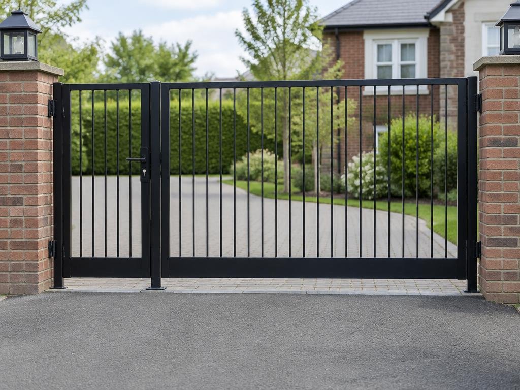 Steel driveway gates with unequal leaves