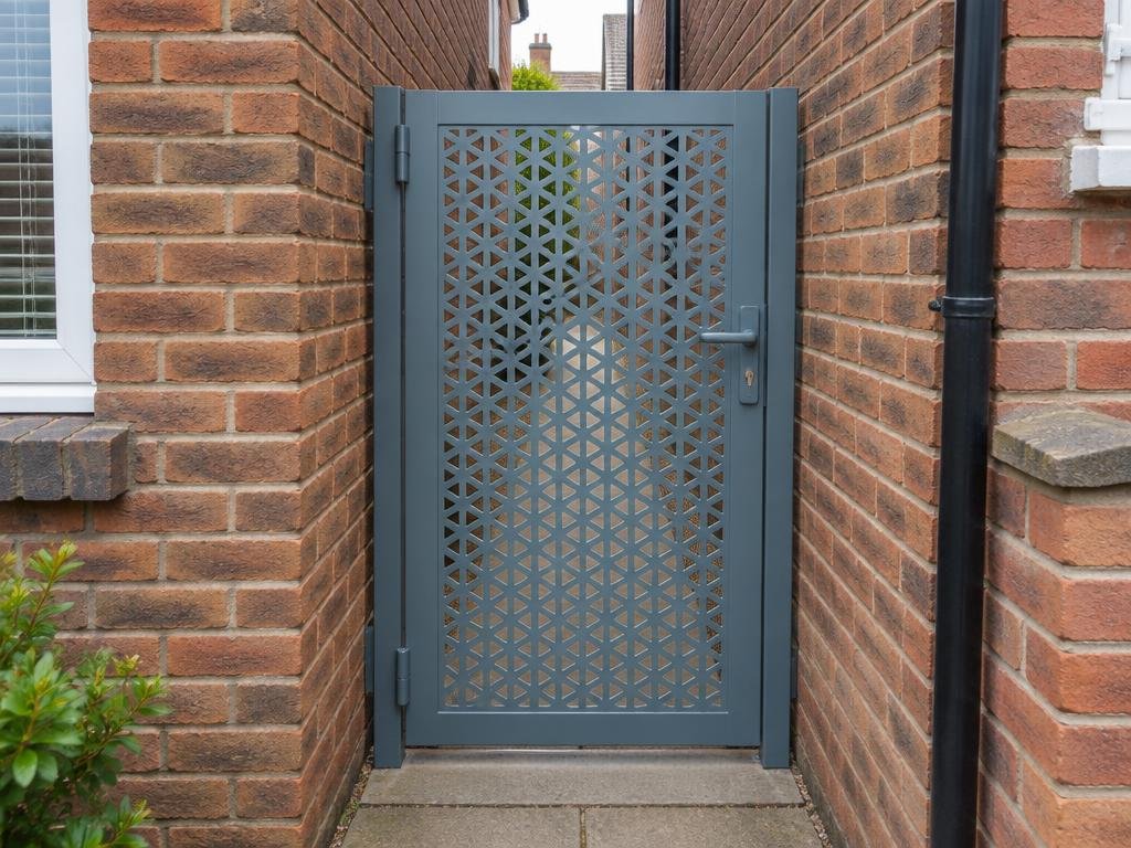 Narrow blue-grey perforated aluminium pedestrian gate closing a passage between brick houses