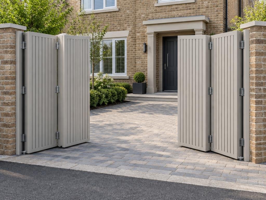 Four connected pale grey aluminium driveway gate leaves visibly folded in pairs at the entrance