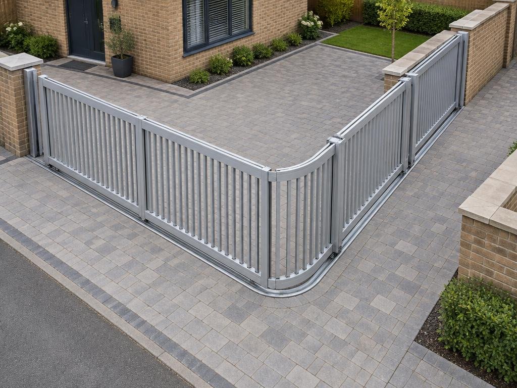 Silver aluminium corner sliding gate panels following a visible return track around a driveway corner