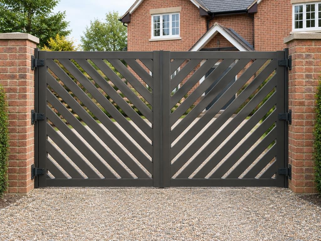 Balanced pair of hinged aluminium driveway gate leaves with opposing diagonal patterns at a red-brick UK home