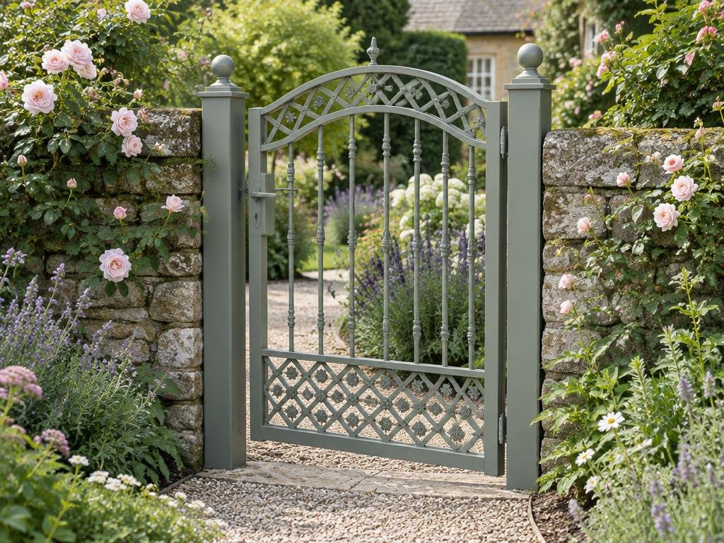 Open ornamental aluminium garden entrance gate with an arched top among cottage planting