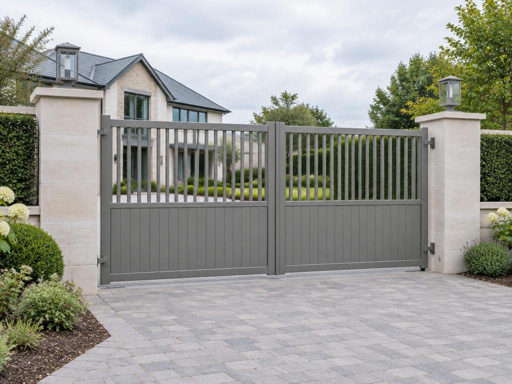 Complete dark graphite aluminium double driveway gates between red-brick pillars at a modern UK home