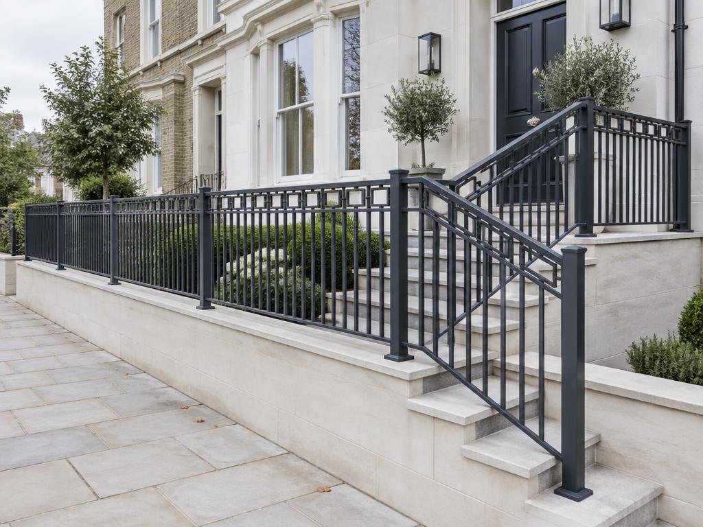 Connected aluminium railing and balustrade panels along a low wall and townhouse steps