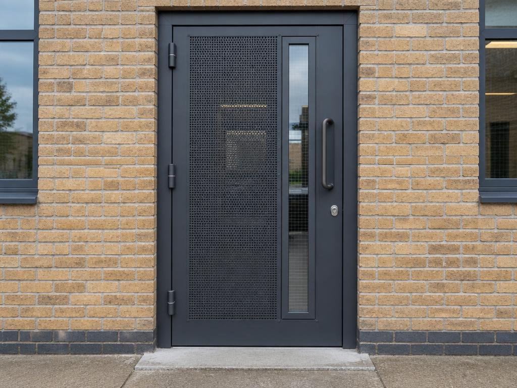 Substantial perforated aluminium security door fitted into a buff-brick building entrance