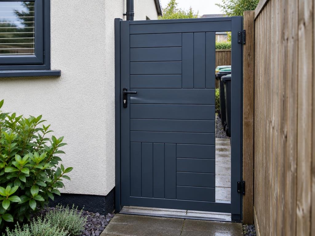 Single narrow navy-grey aluminium side-access gate between a rendered house and timber fence