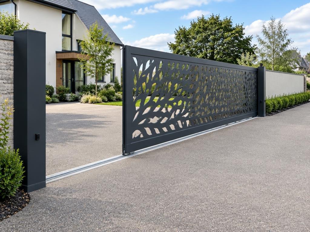 Long laser-cut aluminium sliding gate partly open along its boundary run-back track