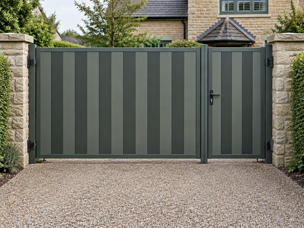 Unequal aluminium driveway gates with one broad vehicle leaf and one clearly narrower pedestrian leaf