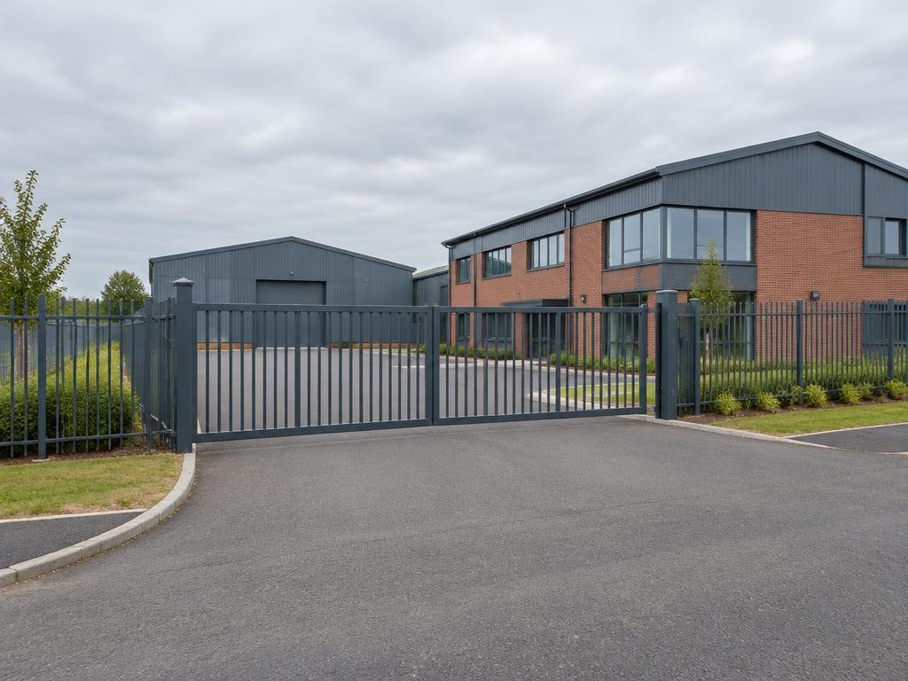 Complete commercial vehicle entrance with a dark grey gate and boundary fencing outside a UK business property